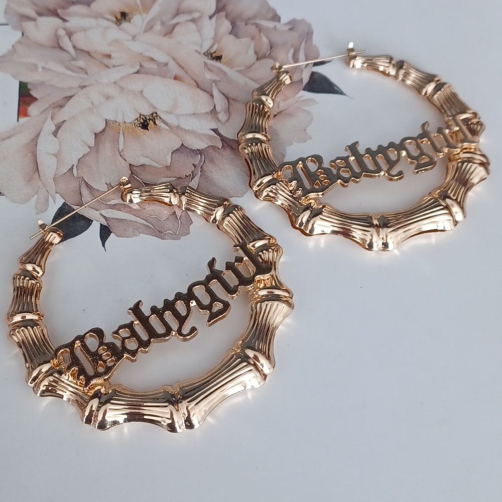 Y2K Vibe  Large Hoops Gold Tone Earrings With BABYGIRL sign